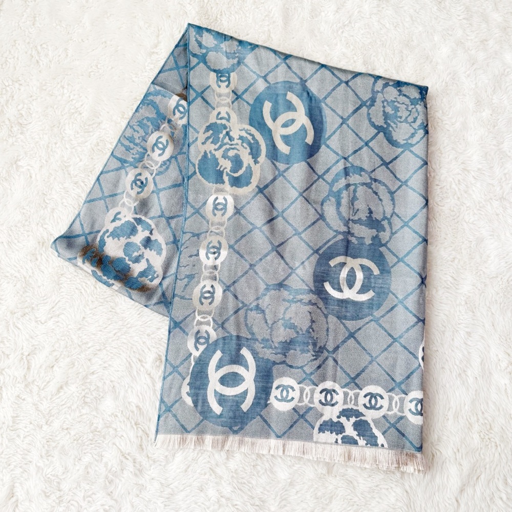 CHANEL Blue and White Patterned Scarf